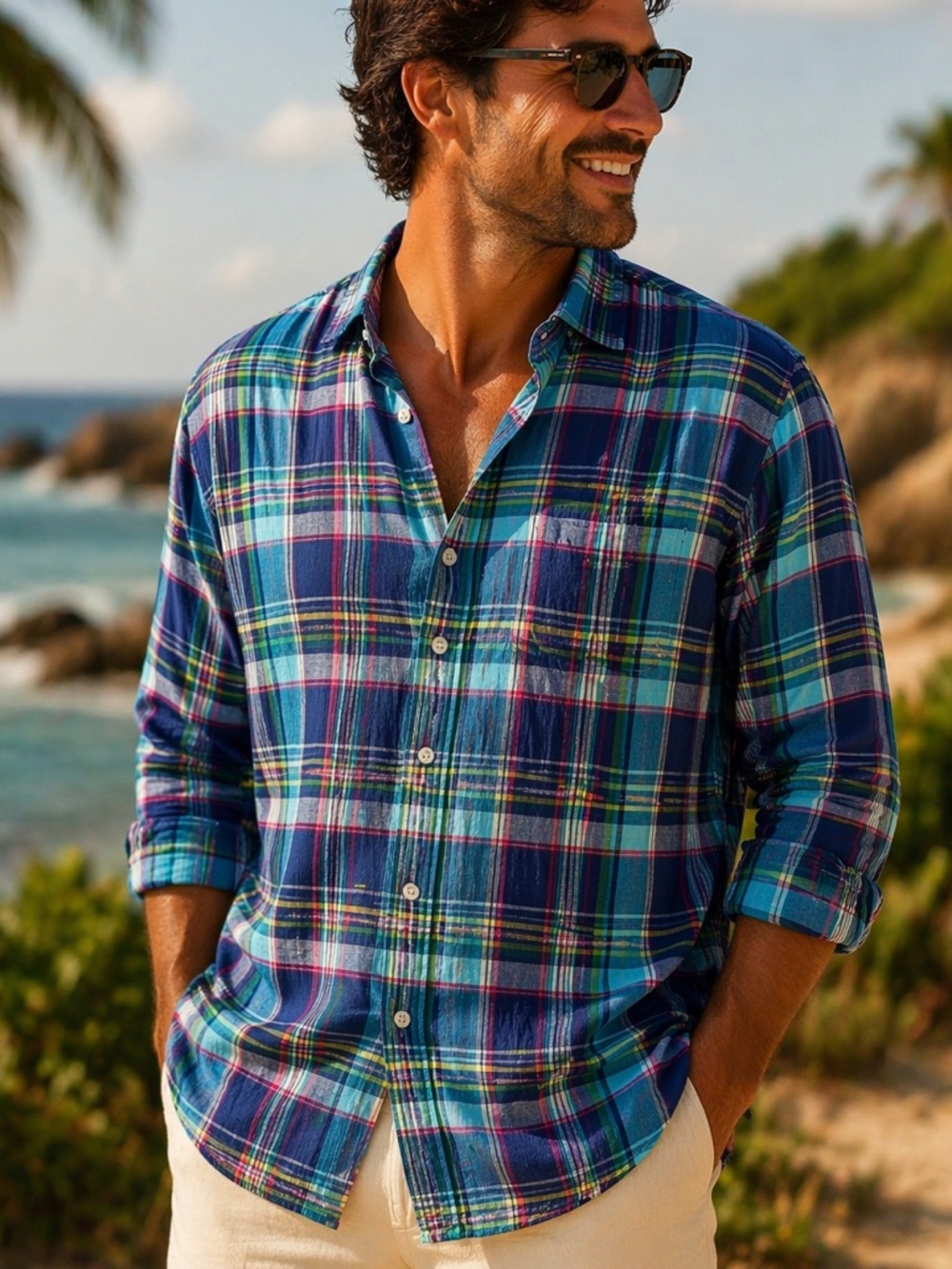Peter Millar Men’s Linen Plaid Shirt Sz XL Button Up Multicolor Coastal Resort